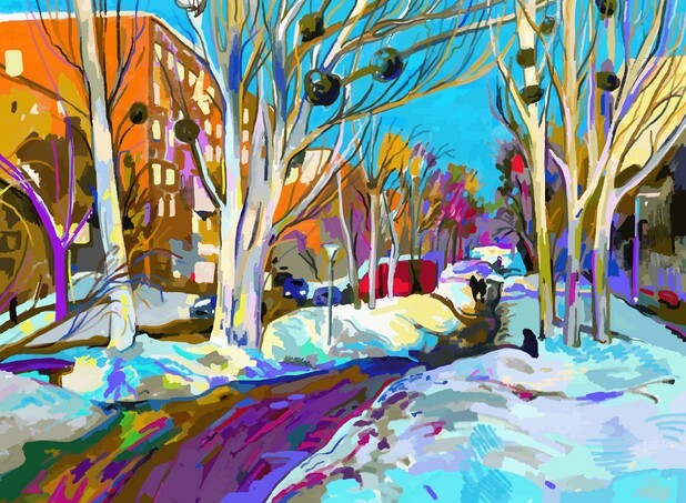 Original digital painting of winter cityscape - Modern Impressionism